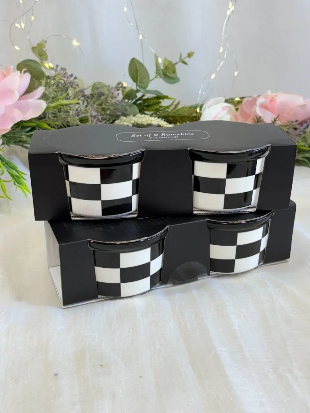 Black and White Checkered Ceramic Ramekins 7 oz Checkerboard Bowls Set of 4 New